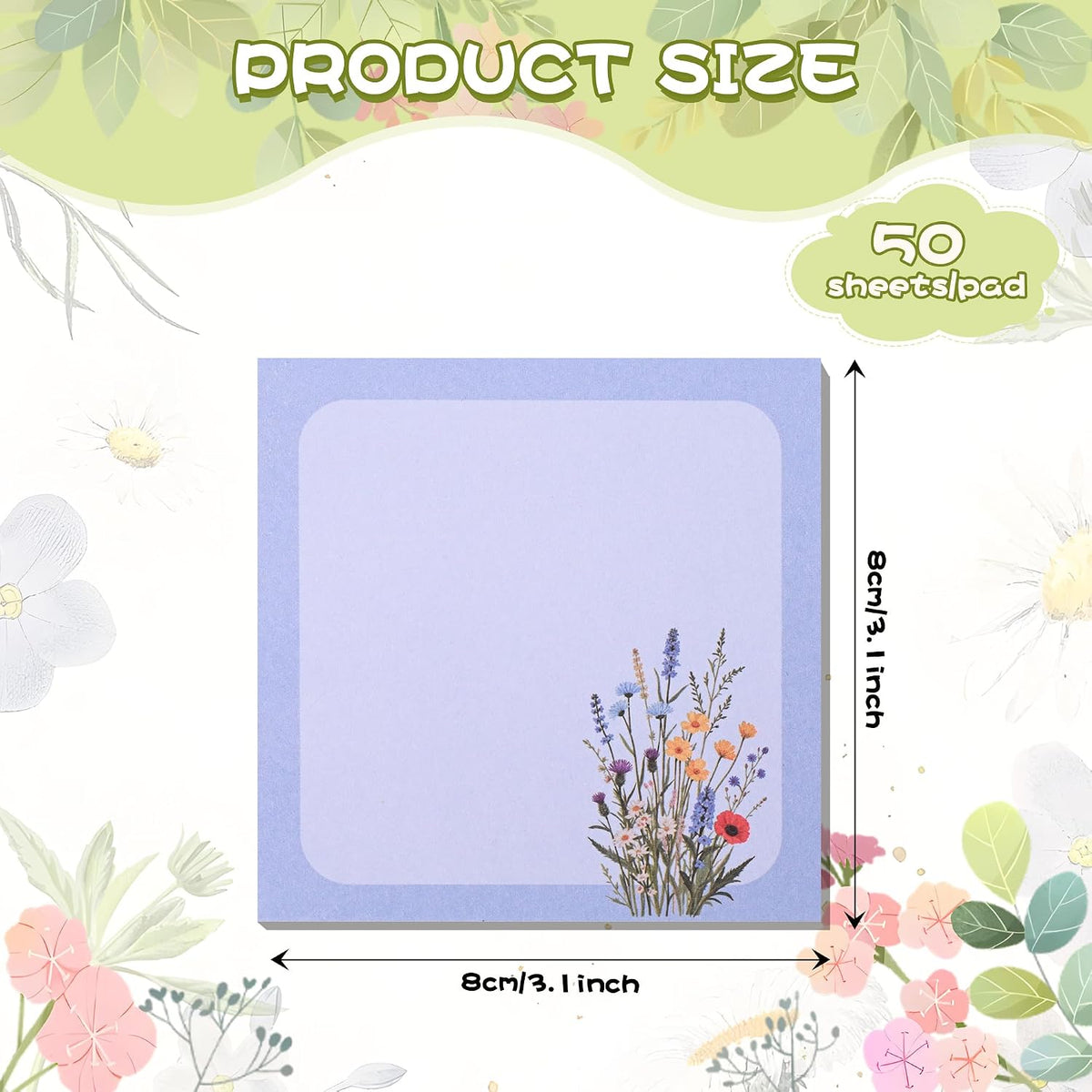 48Pcs Wildflower Notepads 3" x 3" Inches Notes Adorable Memo Pads for Journal, Planners, Office, School, Home, Stationery Gift-2400 Sheets Reusable Flower Sticky Notes.