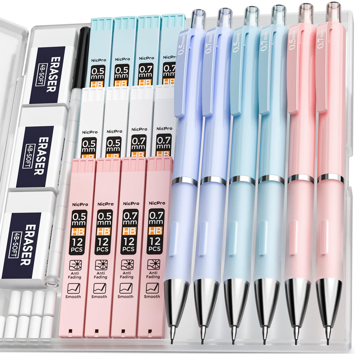 Nicpro 3PCS Cute Mechanical Pencil Set with Case, 0.7 mm Pencils