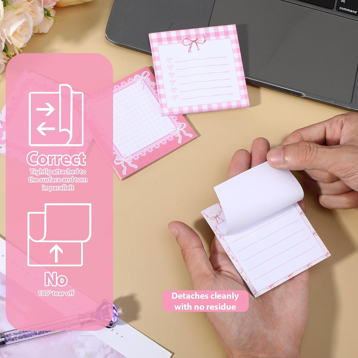 Cute Sticky Notes Pink Sticky Notes 48 Pads 3x3 Inch Bow Design Note Cute Memo Pads for Office Desk Decor Party Favors Women Friends