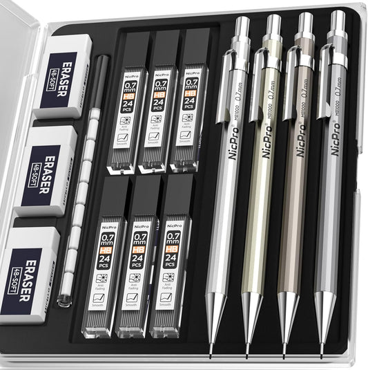 Nicpro 4 Pack Mechanical Pencil 0.7mm, MB1000 Metal Mechanical Pencil Set