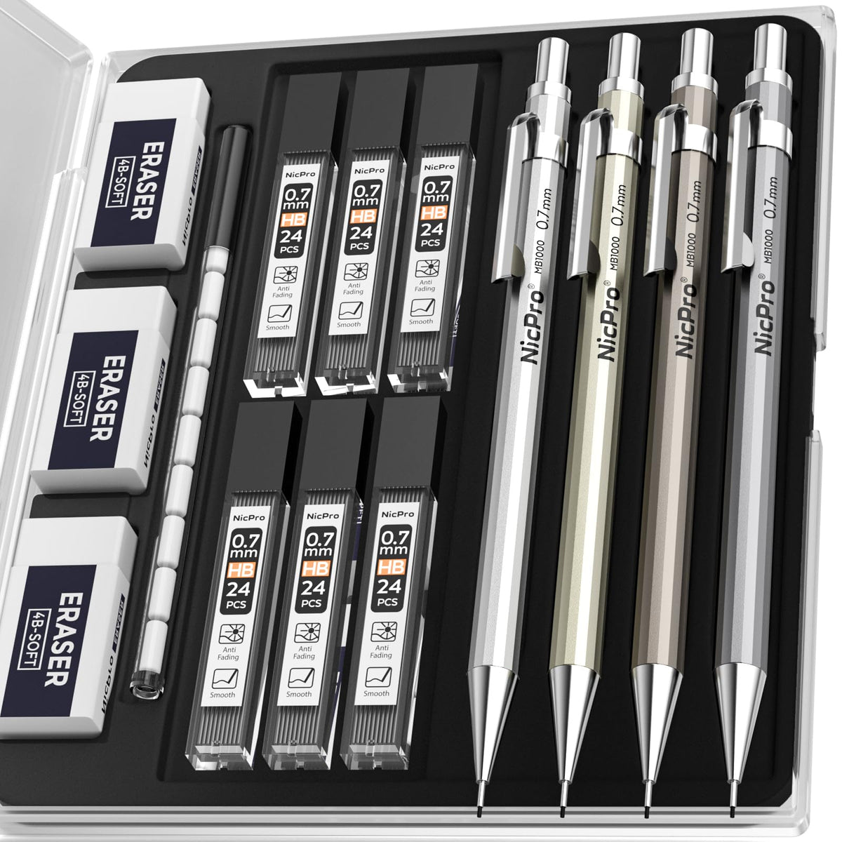 Nicpro 4 Pack Mechanical Pencil 0.7mm, MB1000 Metal Mechanical Pencil Set