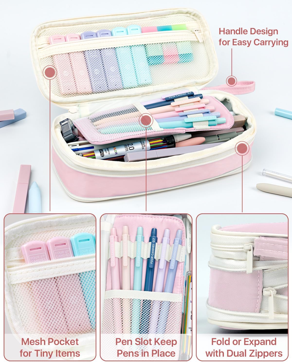 Four Candies 56PCS School Supplies with Pencil Case, Stationery Set, Pink