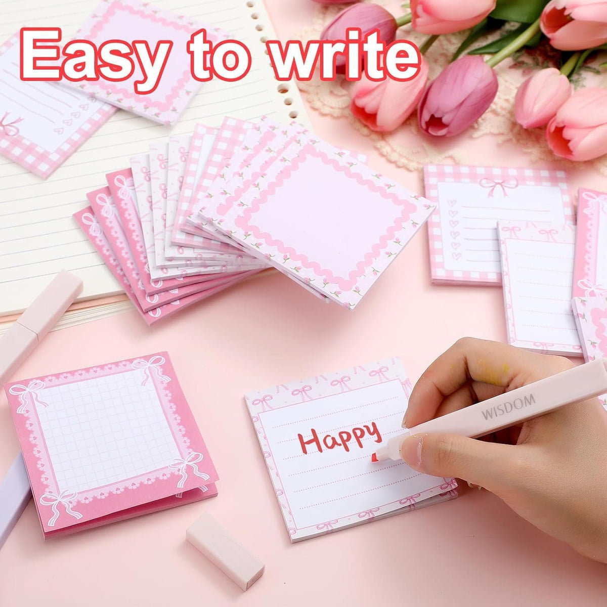 4-Pad 3x3 Inch Pink Sticky Notes (120 Sheets) Bow Cute Post it Notes