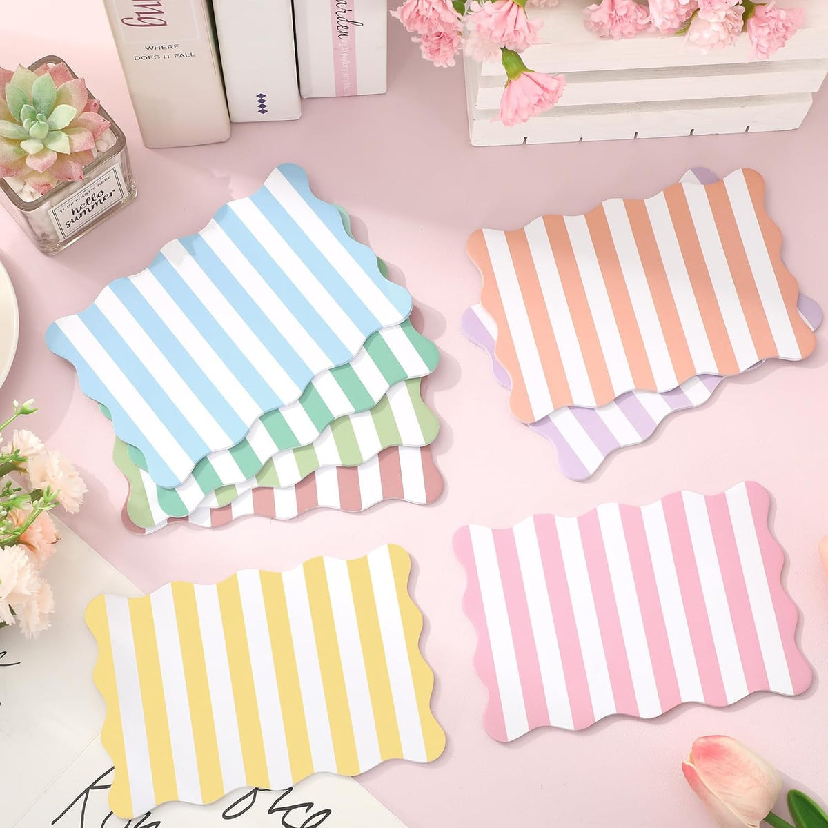 Whaline 8Pcs Stripe Scalloped Sticky Notes 4 x 6 Inch Candy Color Striped Self Adhesive Lined Notepad Removable Memo Pad for Classroom Office Home School Party Supplies