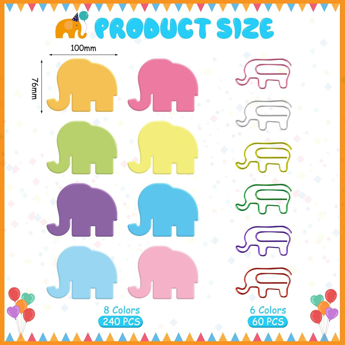 Gueevin 240 Sheets Animal Sticky Notes and 60pcs Paper Clips Set, Elephant