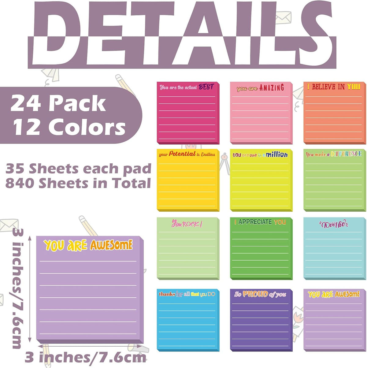Yinder 24 Pcs Inspirational Sticky Notes Gifts, Appreciation, Multicolor