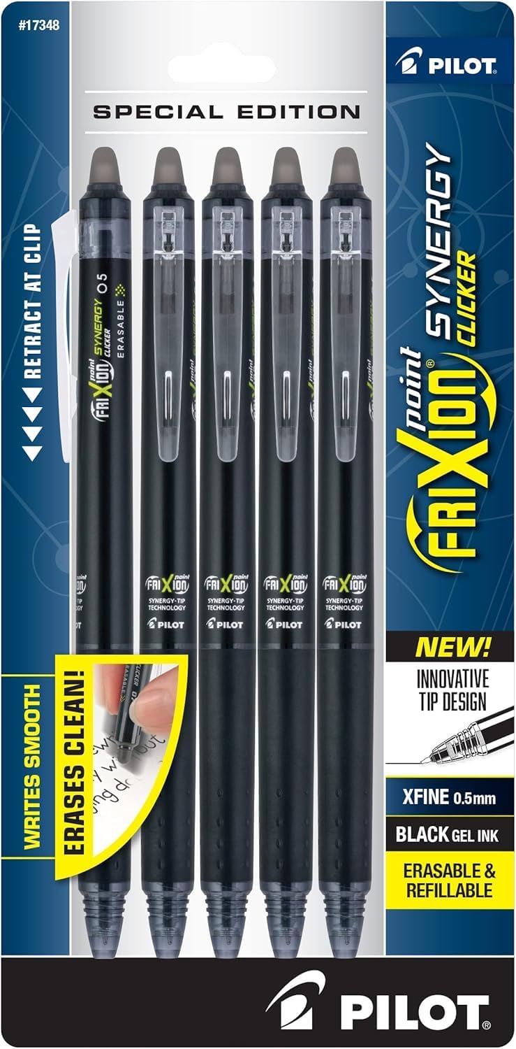 PILOT FriXion Synergy Clicker Erasable Gel Ink Pens, 0.5mm, Black, 5-Pack
