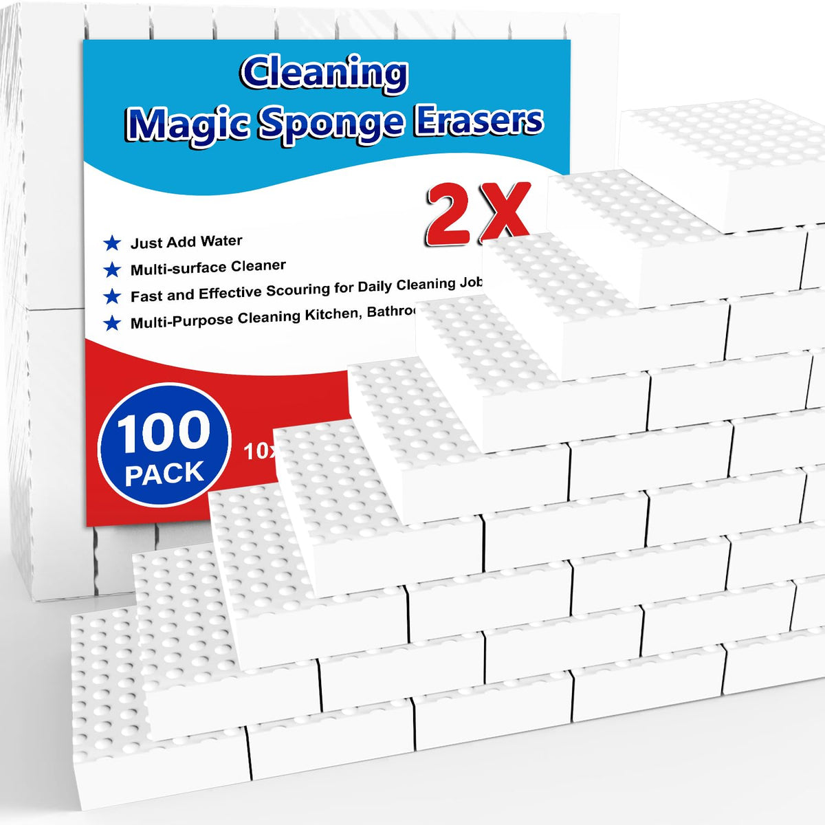 SmilinFit Magic Cleaning Erasers, Kitchen Sponge 10 Pack 2X Density Melamine Sponge Foam Pads, Multi-Functional Car Cleaning Supplies Cleaner for Kitchen, Bathroom, Shower, Window, Wall Cleaner