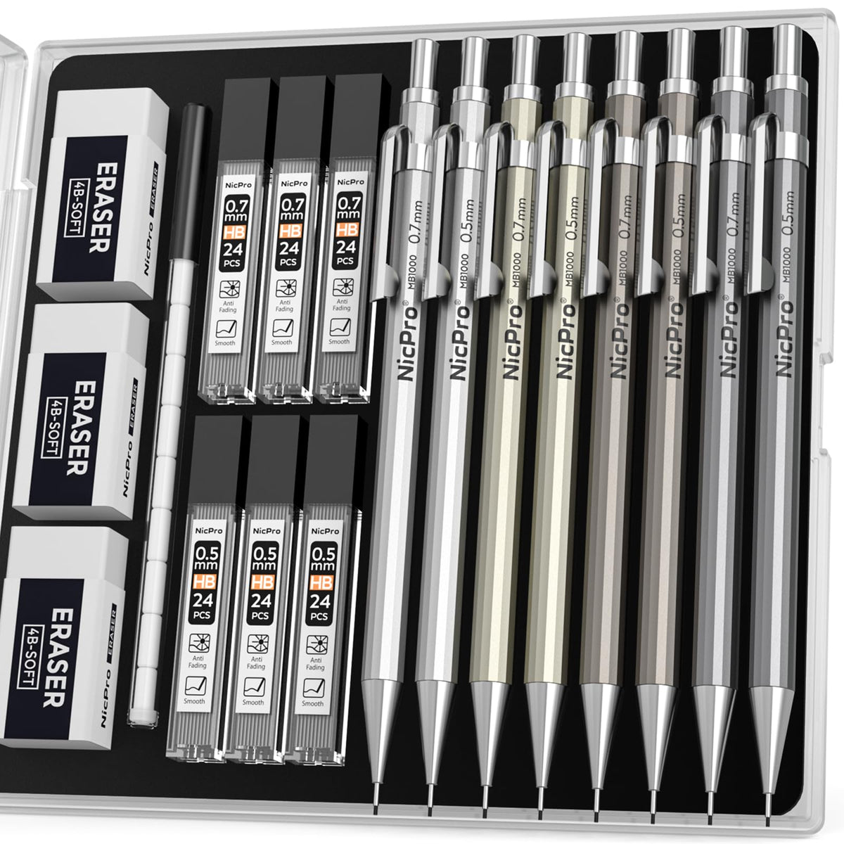 Nicpro 4 Pack Mechanical Pencil 0.7mm, MB1000 Metal Mechanical Pencil Set