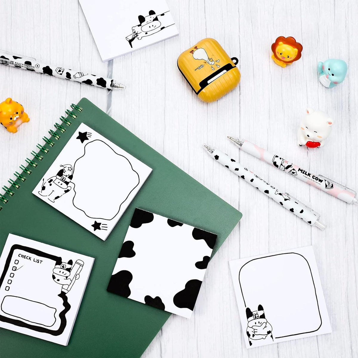 Sabary 12 Pcs Cute Cow Print Pens 6 Pad Sticky Notes for Student Gift