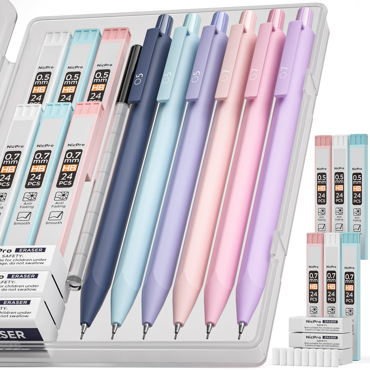 Nicpro Pastel Mechanical Pencil Set, 0.5 & 0.7mm Cute Pencils, Pack of 6