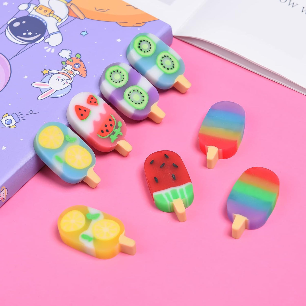 DOMG 16Pcs Ice Cream Erasers for Kids, Cute Fruit Shaped Fun Food Eraser for Classroom Rewards Party Favors