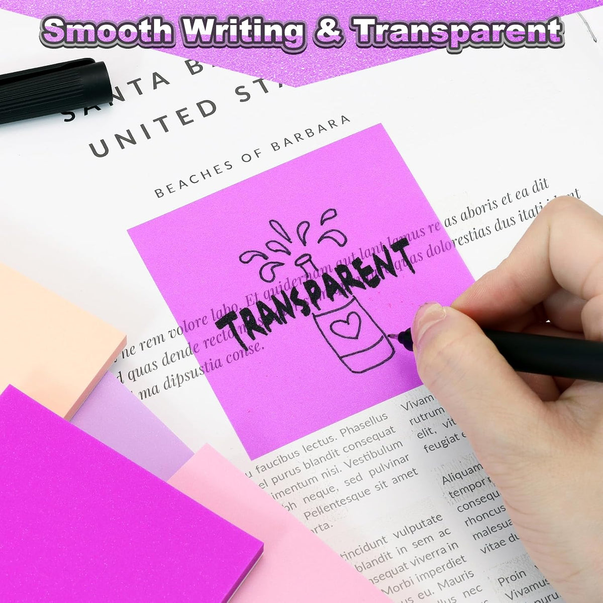 Transparent Sticky Notes Glitter 3"X3" 600 Sheets PET Dreamy Violet 12 Pads