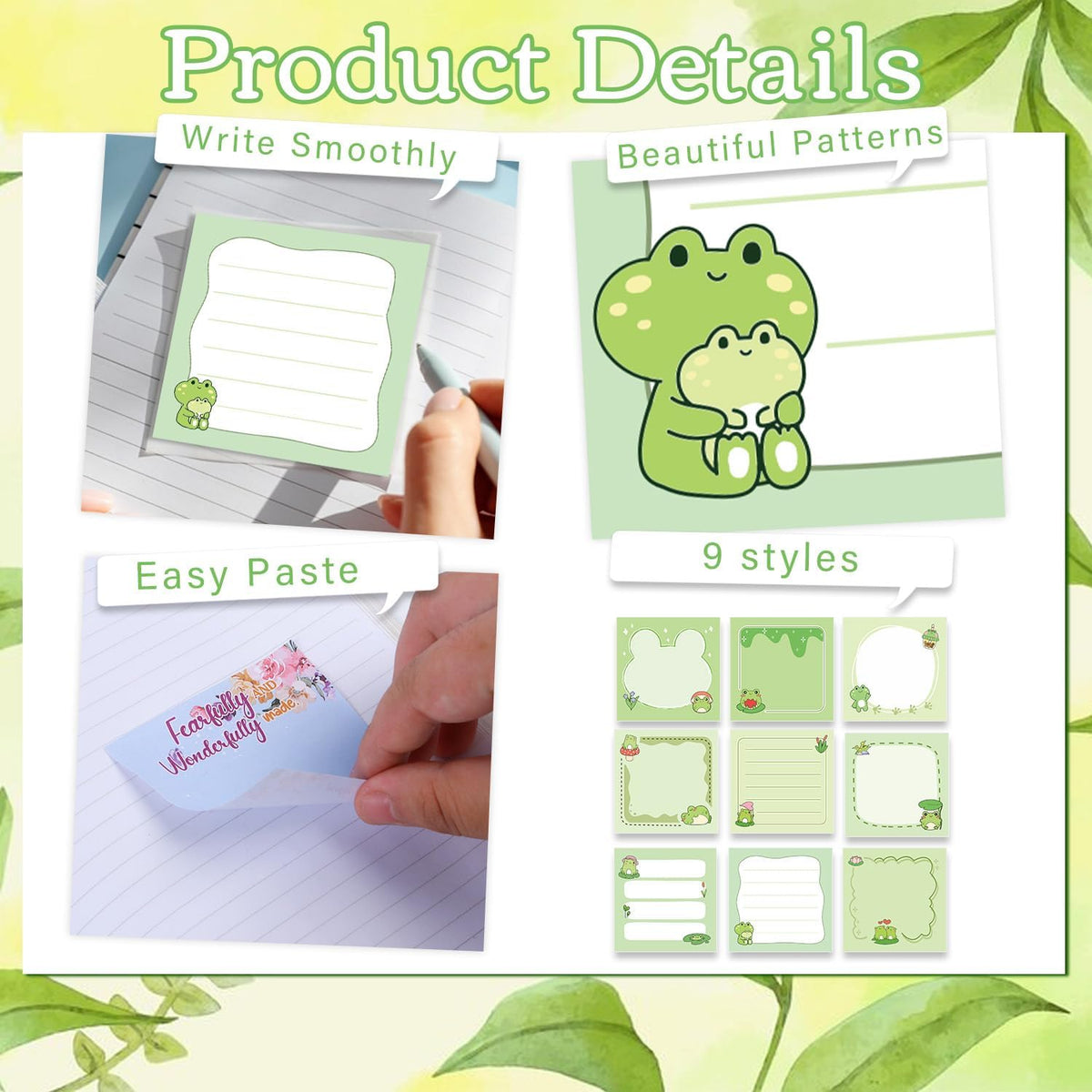 Frog Sticky Notes 3x3 Cute Animal Stationery 9-Pack
