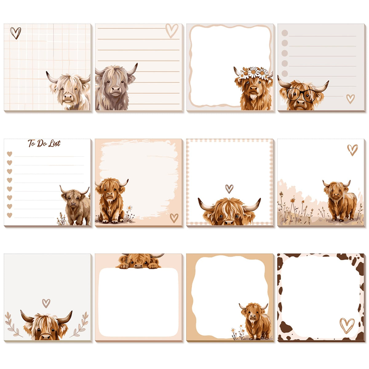 MotiMind Highland Cow Sticky Notes, 3 x 3 Inches