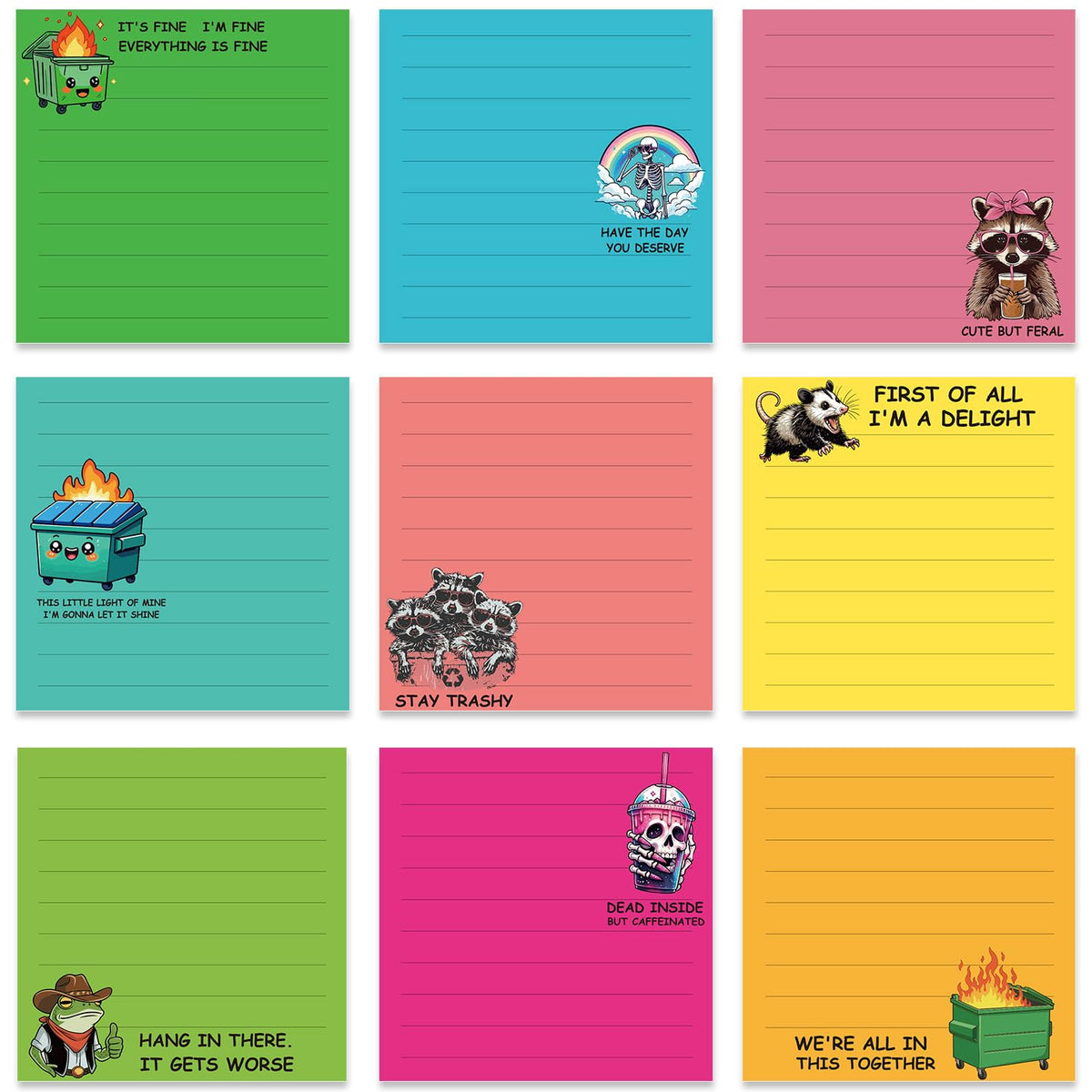 Funny Cat Sticky Notes 3x3 Gifts Cat Lovers 9-Pack