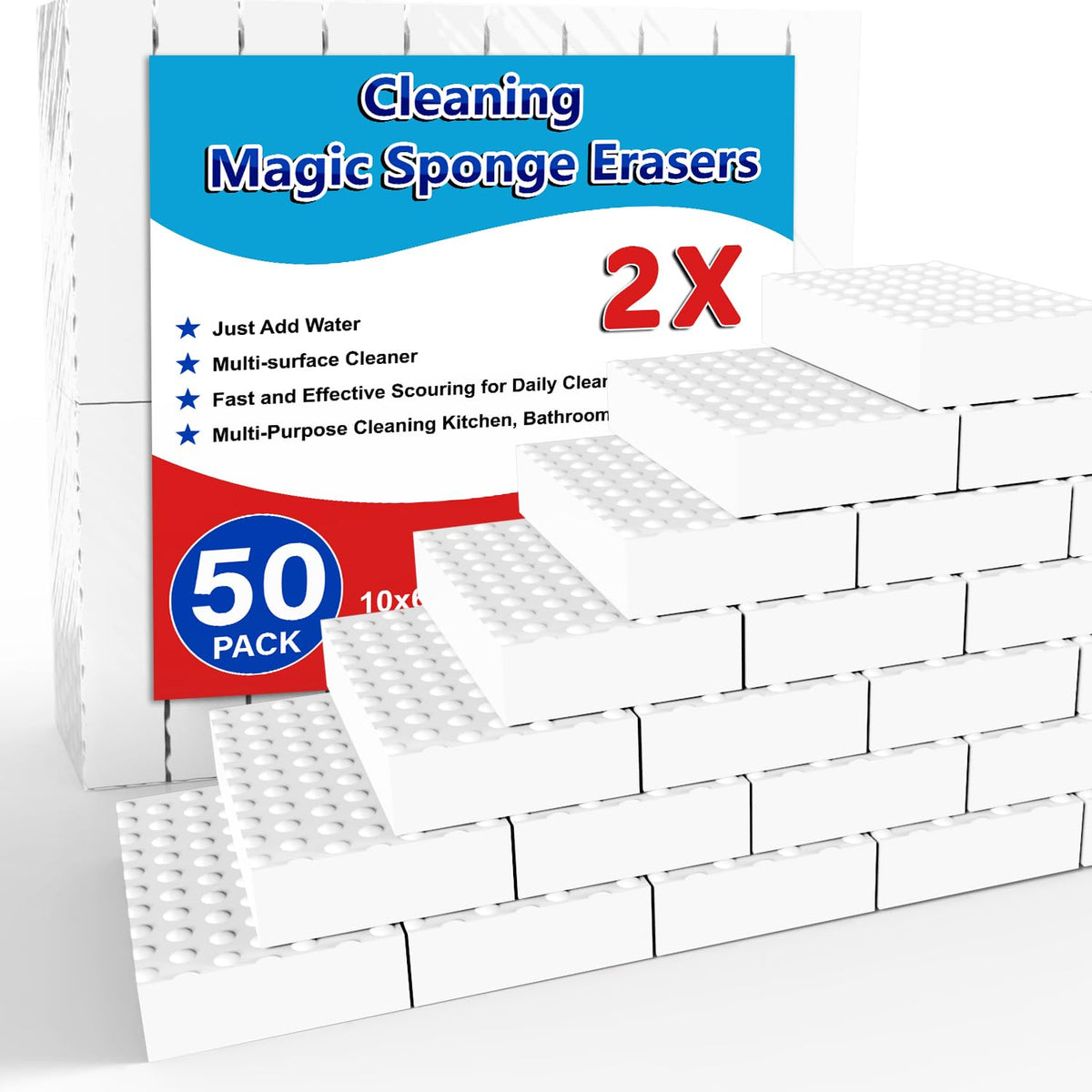 SmilinFit Magic Cleaning Erasers, Kitchen Sponge 10 Pack 2X Density Melamine Sponge Foam Pads, Multi-Functional Car Cleaning Supplies Cleaner for Kitchen, Bathroom, Shower, Window, Wall Cleaner