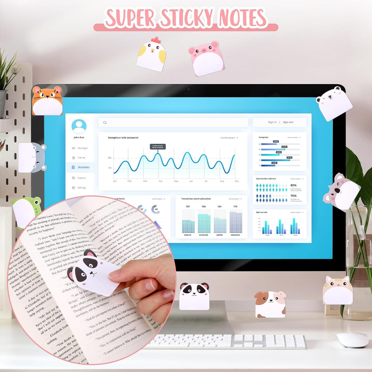 JIANTA 24 Pcs Cute Sticky Notes, 12 Animal Designs, 720 Sheets