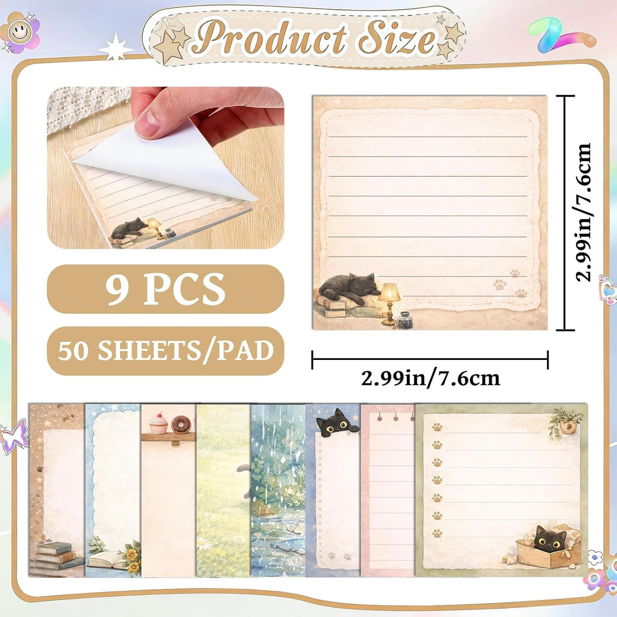 9 Pcs Black Cat Gift Cute Sticky Notes for Cat Lover