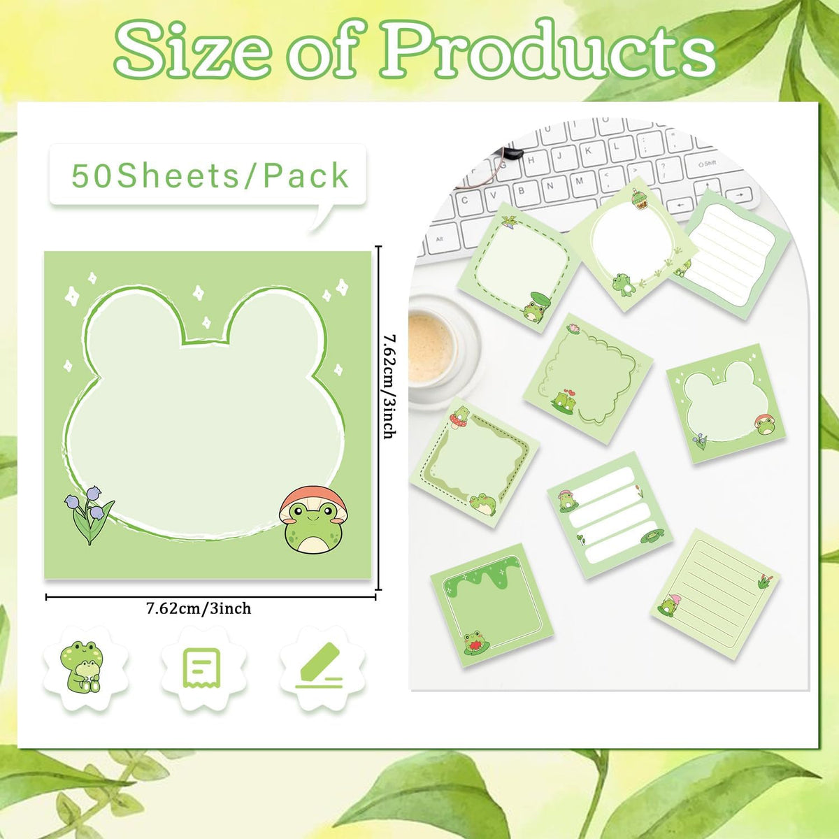 Frog Sticky Notes 3x3 Cute Animal Stationery 9-Pack