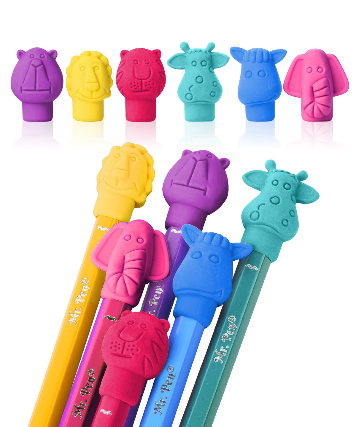Mr. Pen- Animal Pencil Top Eraser, 60 Pack, 6 Assorted Styles