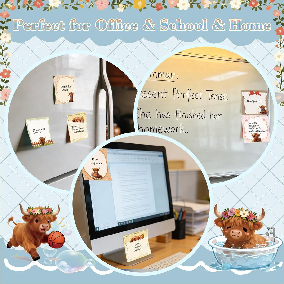 Highland Cow Sticky Notes, 3x3 Inch, 9 Pads, Cute Animal Post It Notes
