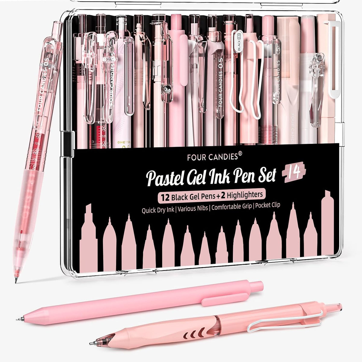 Four Candies Pink Pens, Black & Pink Ink, 0.5mm Fine Point, 2 Highlighters