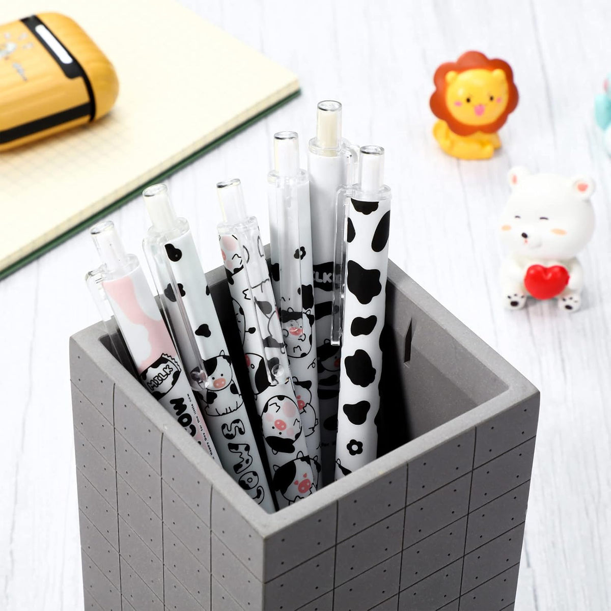 Sabary 12 Pcs Cute Cow Print Pens 6 Pad Sticky Notes for Student Gift