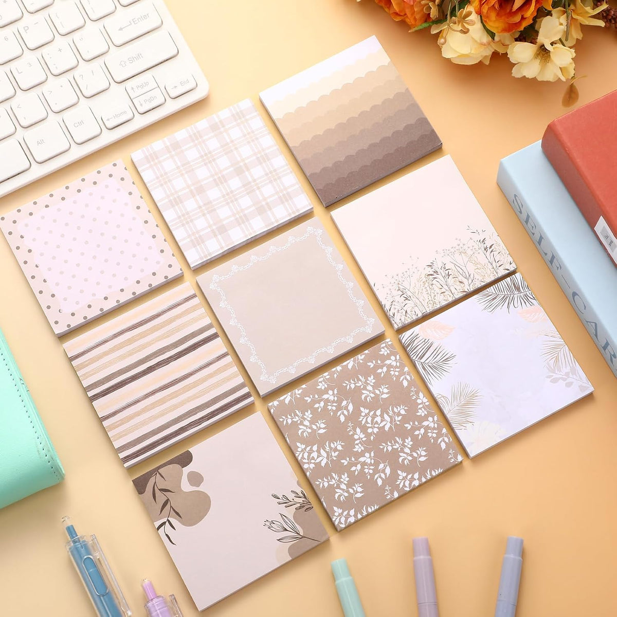 9 Pads Aesthetic Brown Sticky Notes, 3 x 3 Inch Pastel Notepads