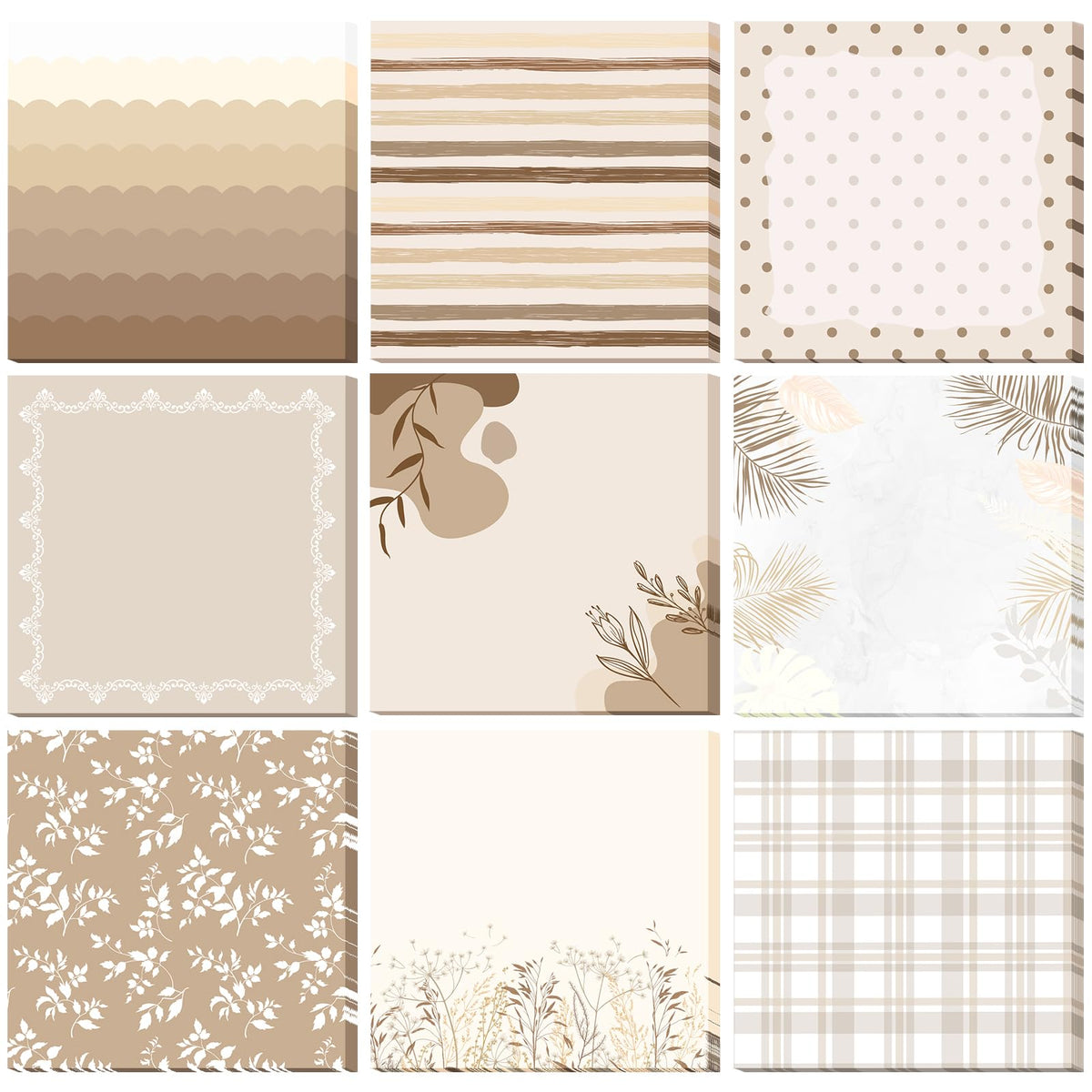 9 Pads Aesthetic Brown Sticky Notes, 3 x 3 Inch Pastel Notepads