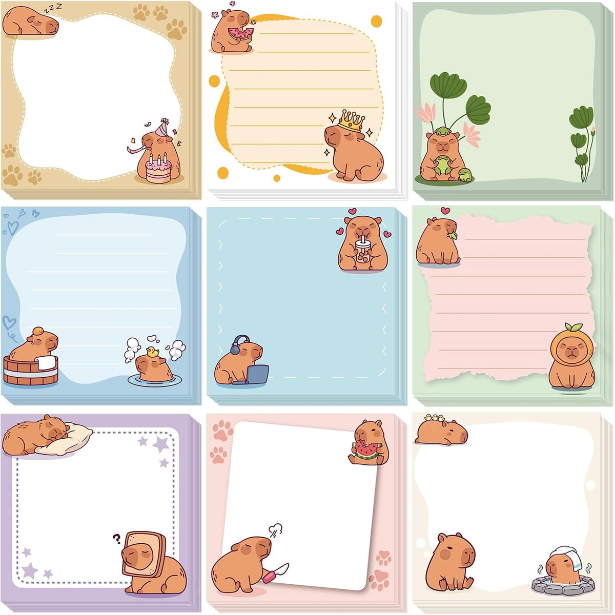 9 Pcs Cute Capybara Sticky Notes, Funny Capybara Self-Adhesive Notes for Women Man, Colorful Positive Sticky NotePads for Teacher Students Office Worker Animal Lovers Gift