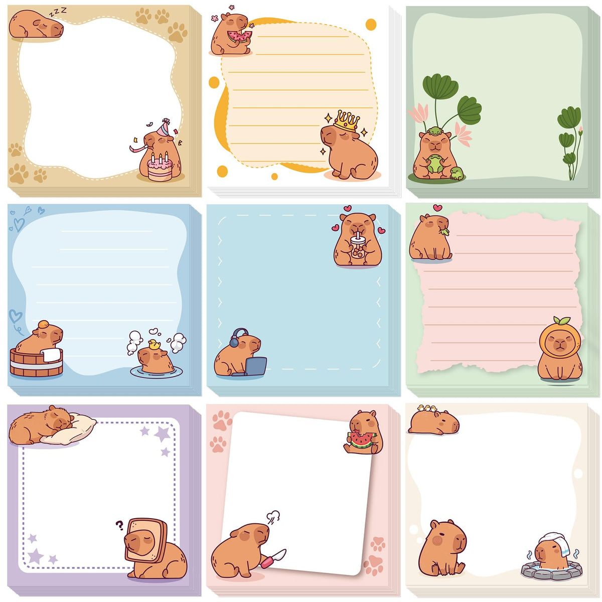 9 Pcs Cute Capybara Sticky Notes, Funny Capybara Self-Adhesive Notes for Women Man, Colorful Positive Sticky NotePads for Teacher Students Office Worker Animal Lovers Gift
