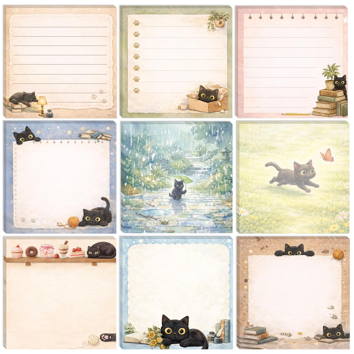 9 Pcs Black Cat Gift Cute Sticky Notes for Cat Lover