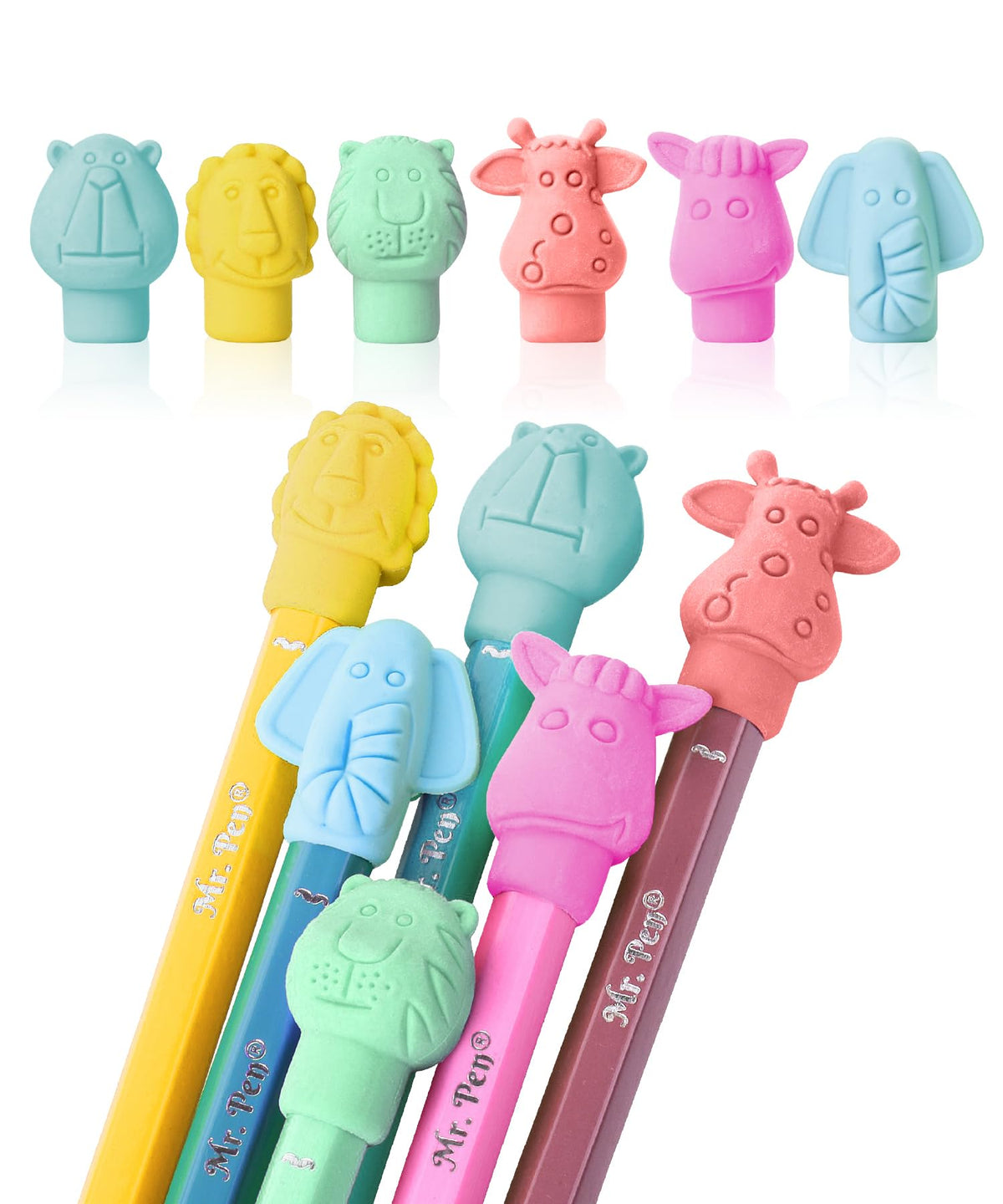 Mr. Pen- Animal Pencil Top Eraser, 60 Pack, 6 Assorted Styles