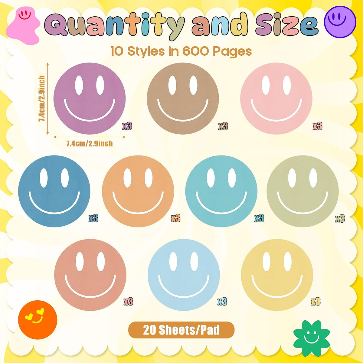 AgincBerry Boho Smile Face Sticky Notes - 30PCS Back to School Colorful Preppy Self-Stick Notes Mini Happy Smile Face Memo Pad Creative Shaped Notepad Writing Sticky Note Office Home Gift Tab Supplies