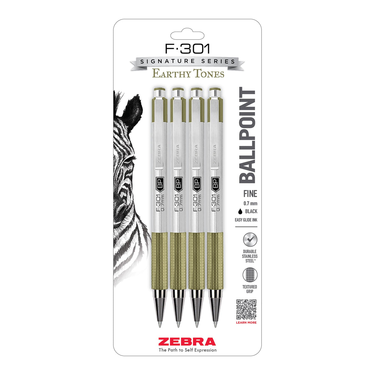 Zebra Pen STEEL F-301 Retractable Ballpoint Pen, Black Ink, 0.7mm, 4-Pack