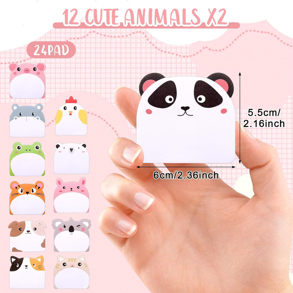 JIANTA 24 Pcs Cute Sticky Notes, 12 Animal Designs, 720 Sheets