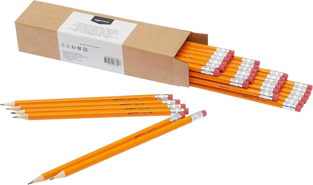 Amazon Basics Wood-Cased #2 HB School Pencils with Erasers for Writing and Drawing, Pre-sharpened, Soft Strong Lead, Orange, 30 Count