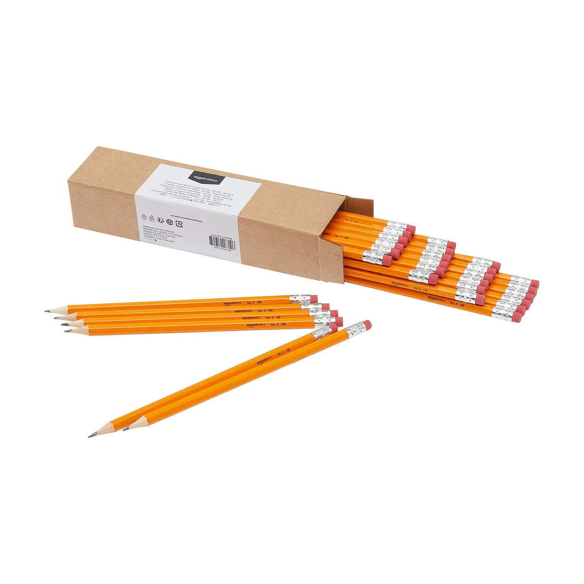 Amazon Basics Wood-Cased #2 HB School Pencils with Erasers for Writing and Drawing, Pre-sharpened, Soft Strong Lead, Orange, 30 Count