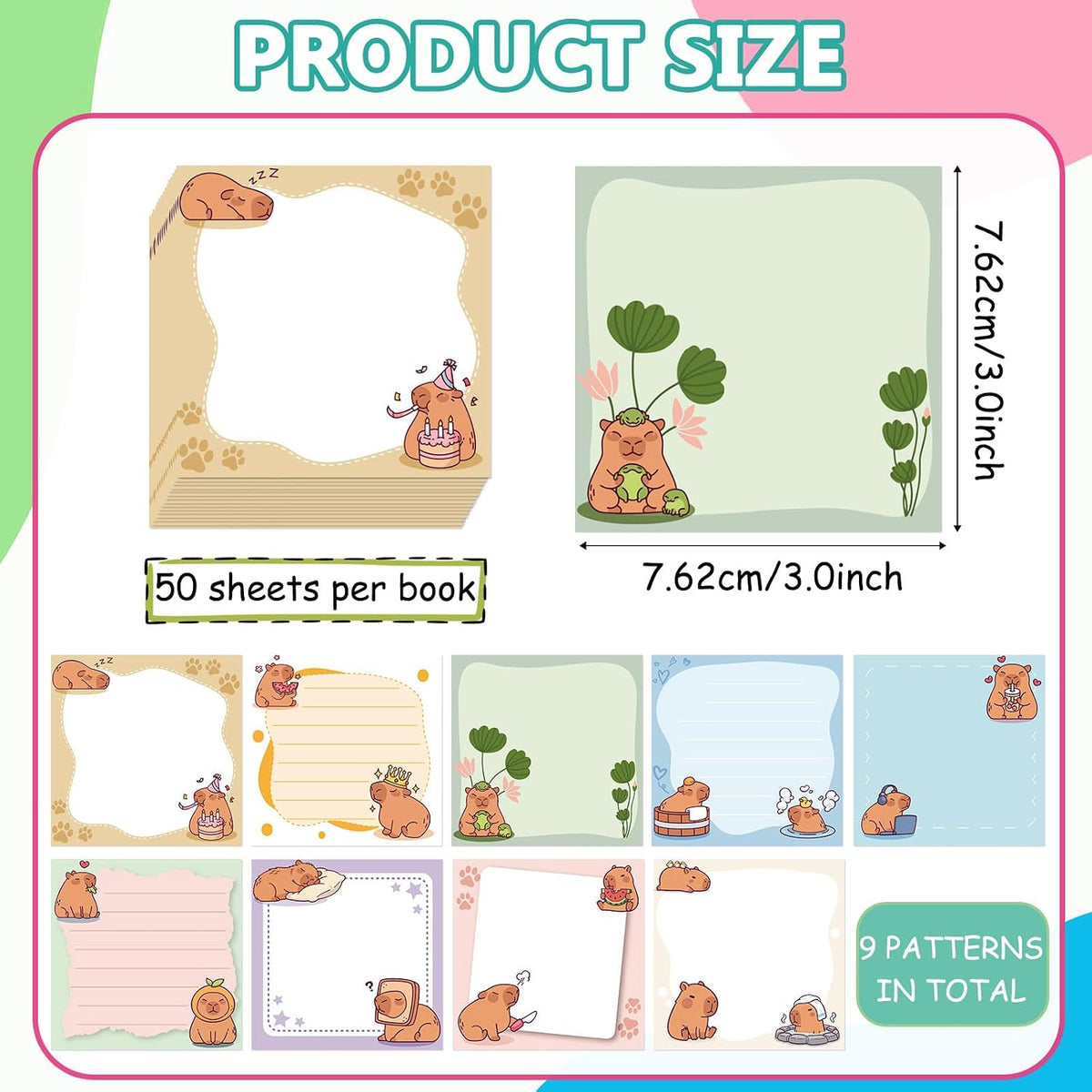 9 Pcs Cute Capybara Sticky Notes, Funny Capybara Self-Adhesive Notes for Women Man, Colorful Positive Sticky NotePads for Teacher Students Office Worker Animal Lovers Gift