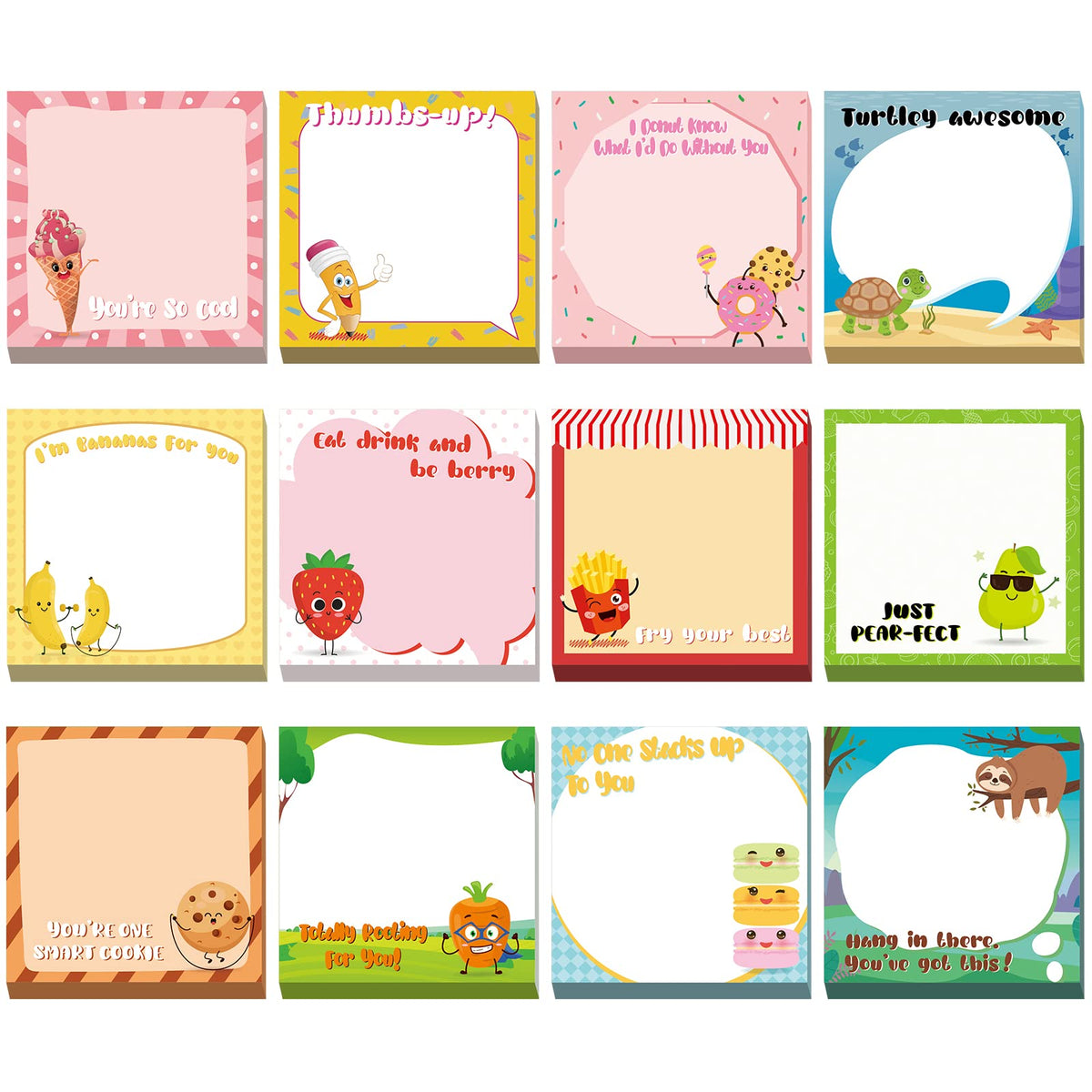 12 Pcs Fun Inspirational Sticky Notes 3 x 3 Inch Motivational, Cute Style