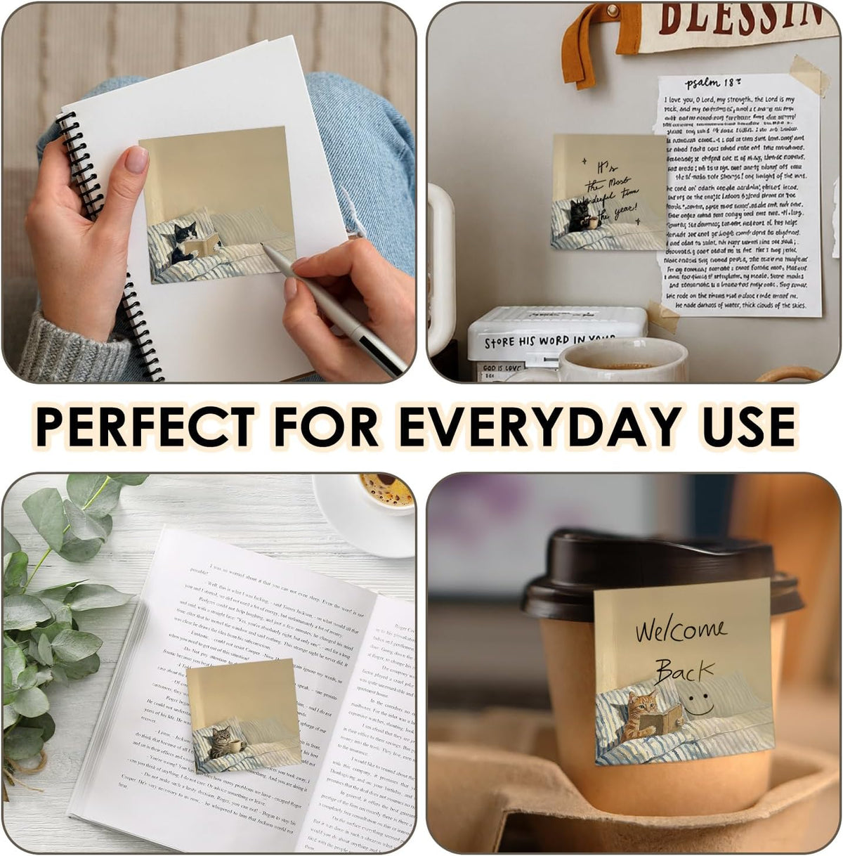 Cat Sticky Notes 3x3, Funny Cute Cat Sticky Notes 4 Pads, Cute Notepads Office Supplies Gifts for Women Men Coworkers Cat Lovers
