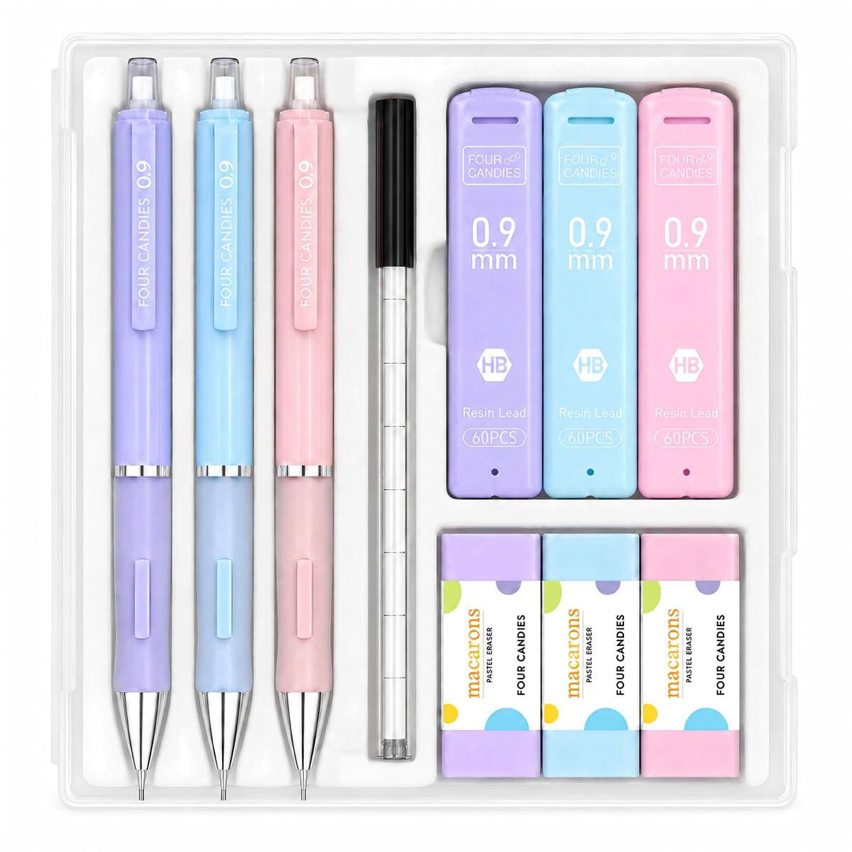 Four Candies 0.5mm Pastel Mechanical Pencil Set with Case, 3-Pack