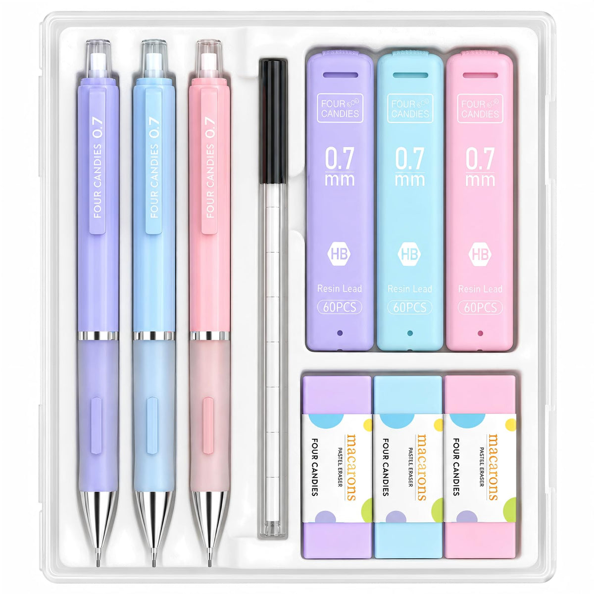 Four Candies 0.5mm Pastel Mechanical Pencil Set with Case, 3-Pack