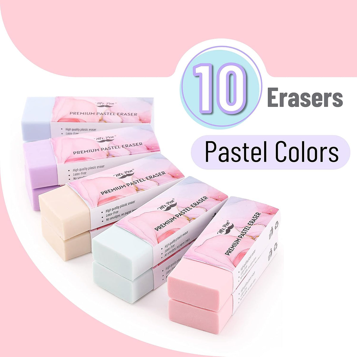 Mr. Pen- Pencil Eraser, 10 Pack, Pastel Colors