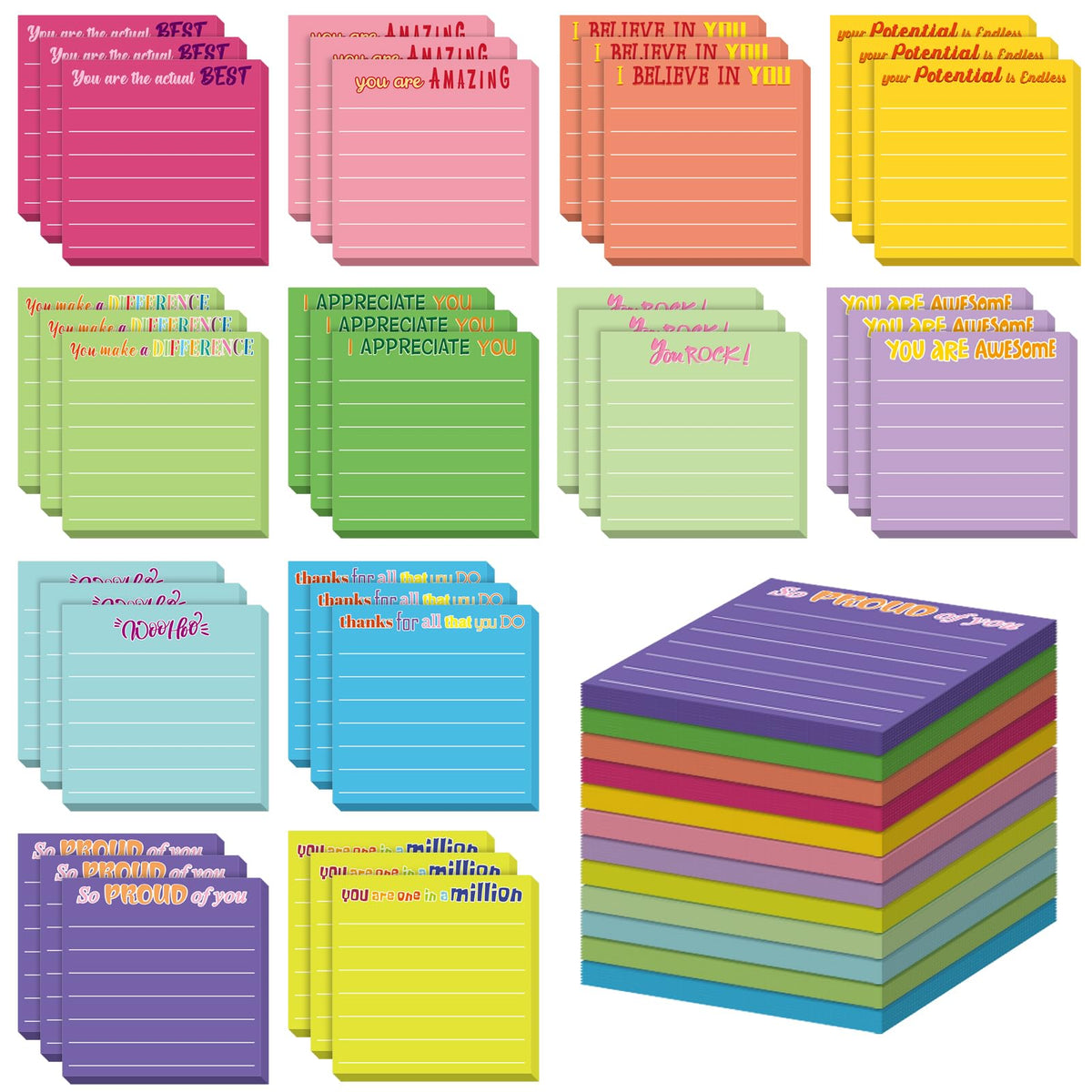 Yinder 24 Pcs Inspirational Sticky Notes Gifts, Appreciation, Multicolor