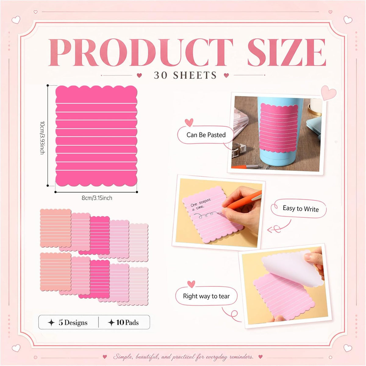 Epakh 10 Pack Scalloped Line Sticky Notes, Gradient Pink Pads, 3 x 4 Inch