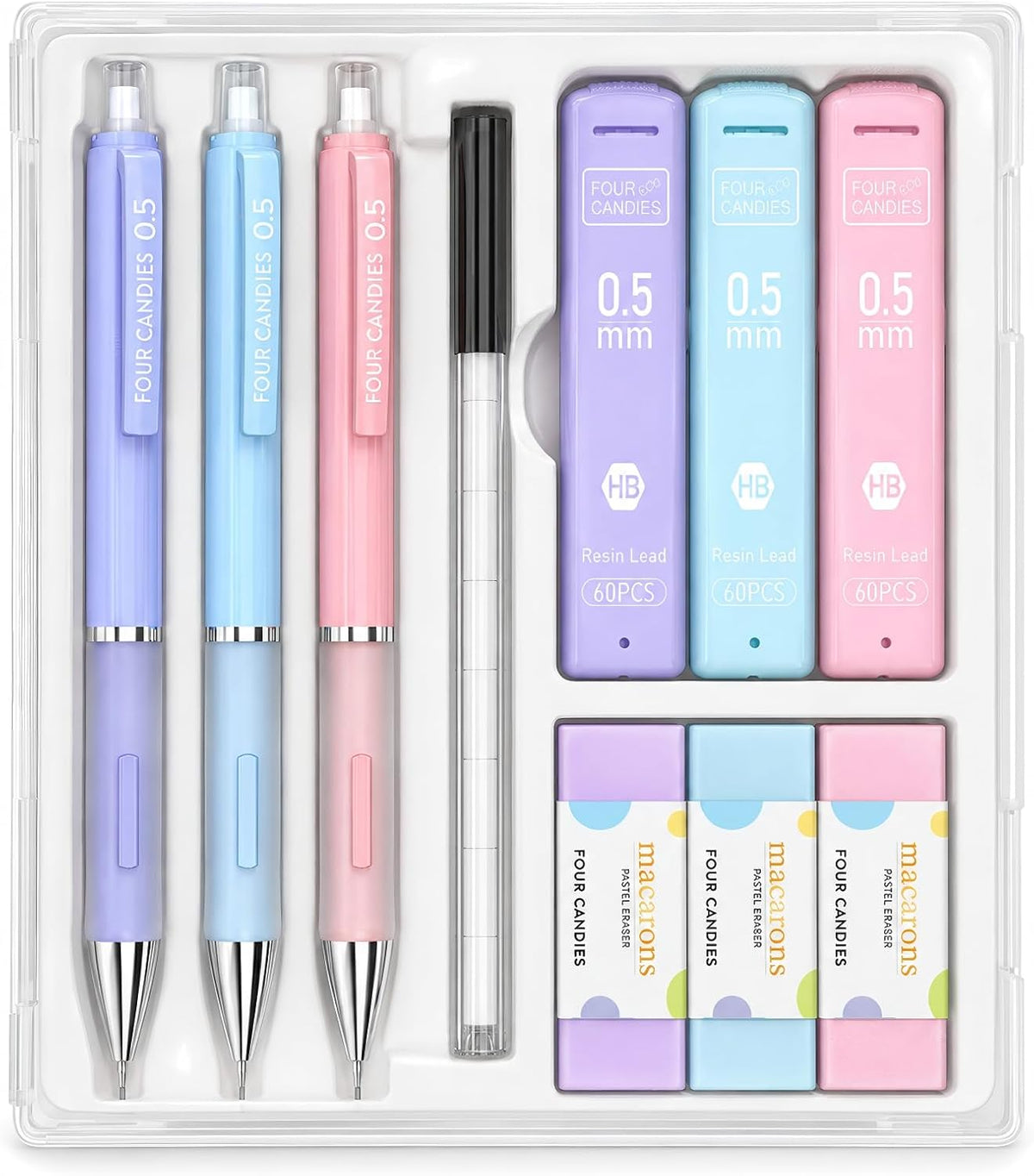 Four Candies 0.5mm Pastel Mechanical Pencil Set with Case, 3-Pack