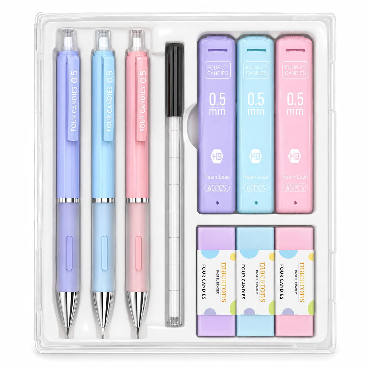 Four Candies 0.5mm Pastel Mechanical Pencil Set with Case, 3-Pack