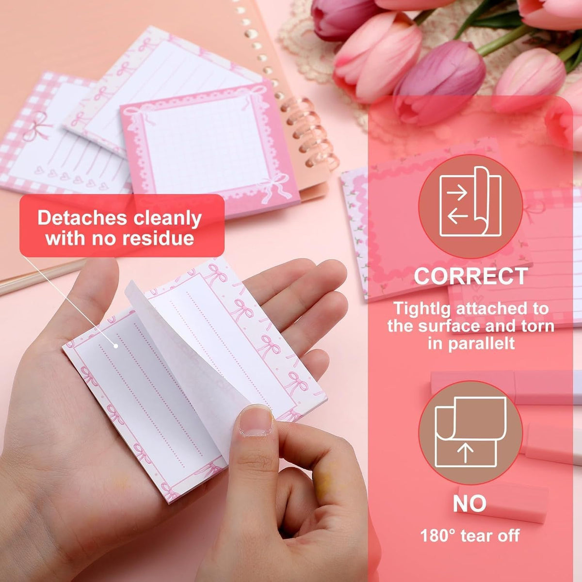 4-Pad 3x3 Inch Pink Sticky Notes (120 Sheets) Bow Cute Post it Notes